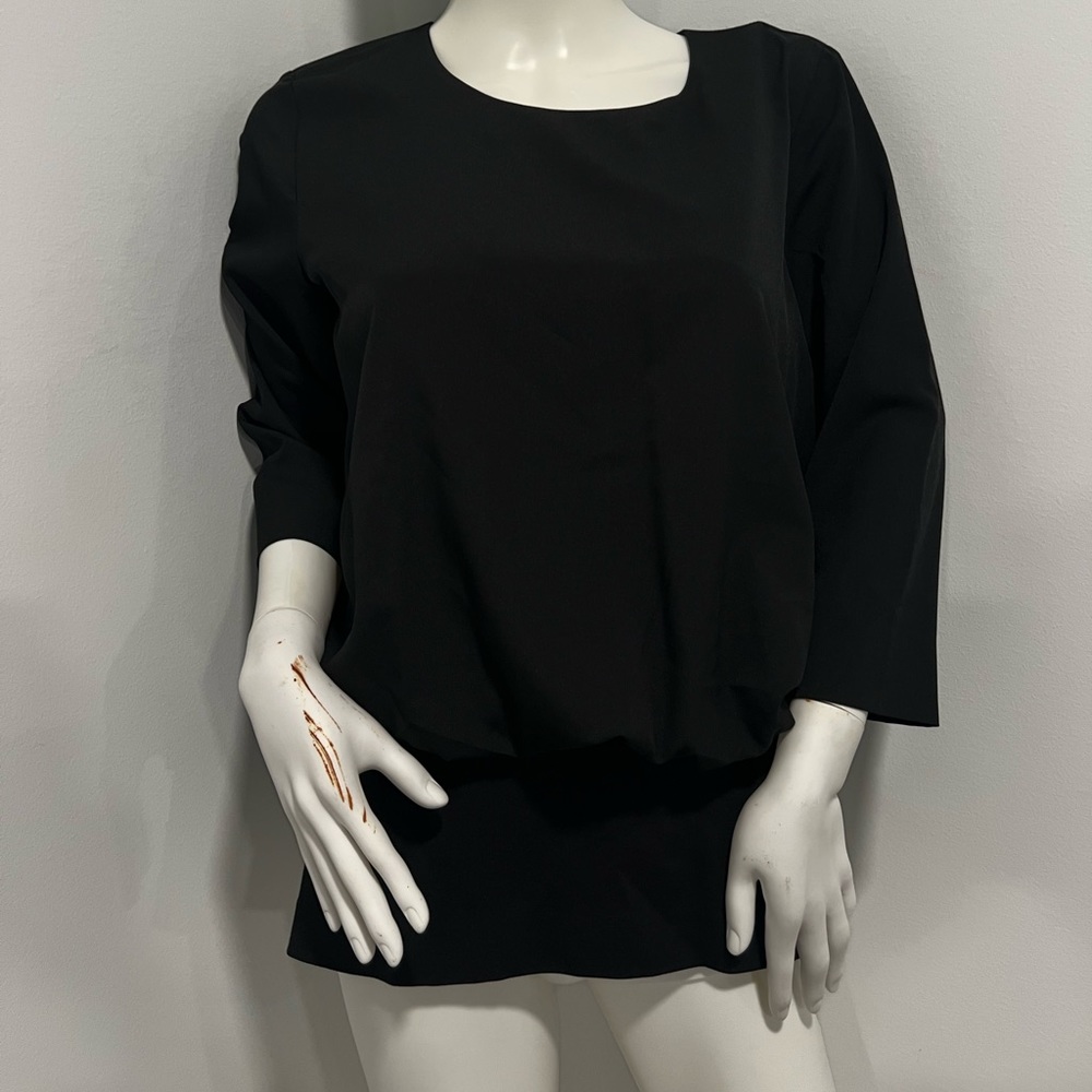 CAbi Womens Black Indulgence 3/4 Sleeve Split Back Banded Waist Top Shirt